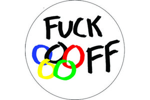 Image of Olympic logo with the words fuck off integrated into the image
